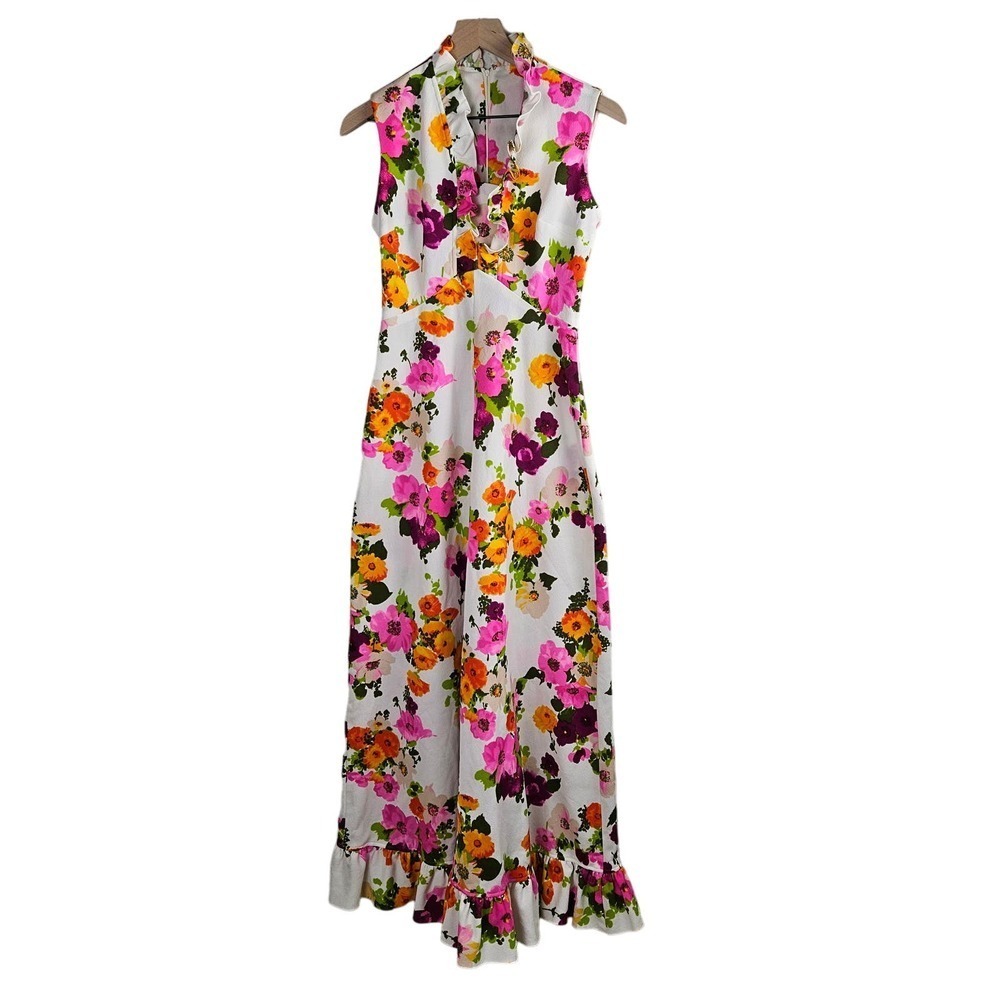 Vintage 70s Floral Maxi Dress Sleeveless S? Ruffle Neck White Pink Orange - Picture 5 of 11